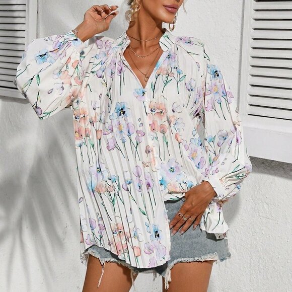 Multicolor Boho Women's Floral Print Lantern Sleeve Shirt - Picture 4 of 5